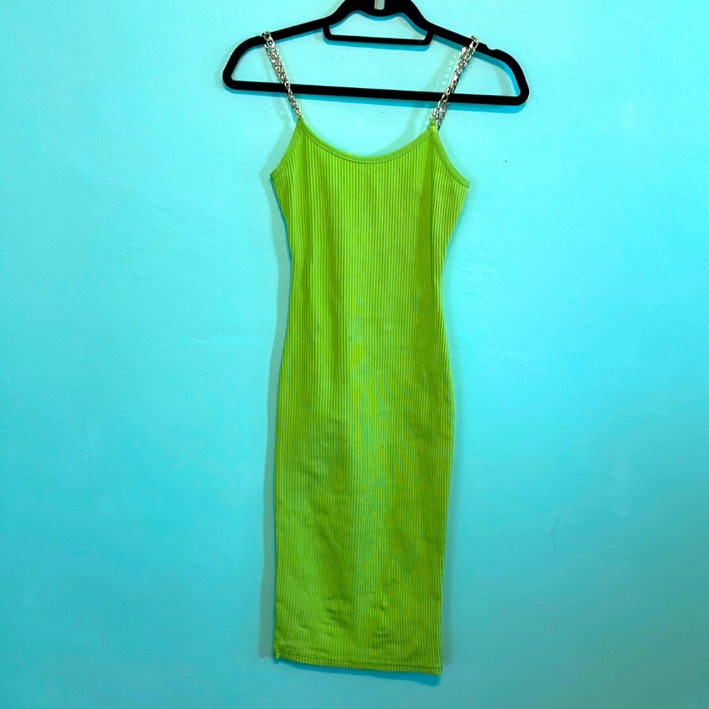 Super down body, con, stretchy, bright, neon, lime, green dress with gold chains